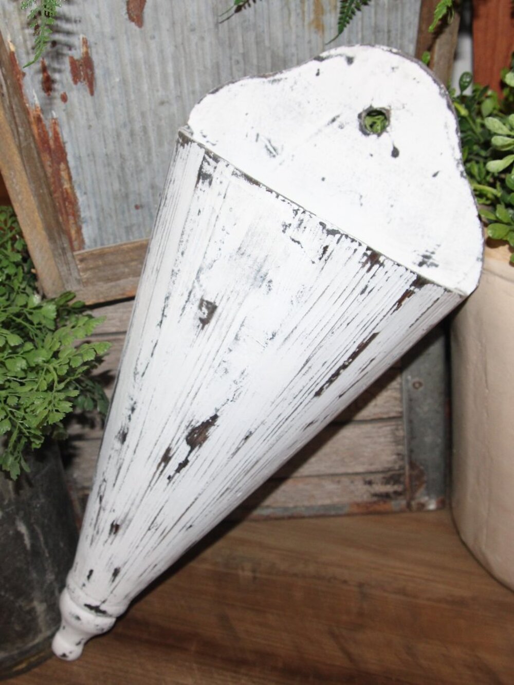 Large White Shabby Distressed 21" French Farmhouse Wood Wall Pocket Cone